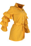 Yellow Fashion Sexy lantern sleeve Long Sleeves Turndown Collar skirt fastener Club Dresses