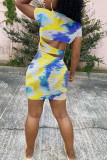 Yellow Fashion OL Red Pink Yellow purple White and blue Cap Sleeve Short Sleeves O neck Step Skirt Knee-Length Print Colouring asymmetrical Dresses