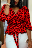 Red Street Leopard Bandage V Neck Tops