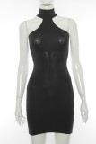 Black Sexy Solid Bandage Patchwork Frenulum Backless Halter Off The Shoulder Dresses Dresses