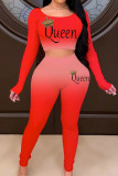 Red Fashion Casual Letter Print Basic O Neck Long Sleeve Two Pieces