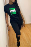 Black Fashion Casual Letter Print Basic O Neck Tops