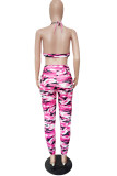 Red adult Fashion Sexy backless Print Two Piece Suits Camouflage Patchwork pencil Sleeveless