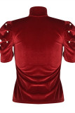 Wine Red Fashion Casual Solid Pearl Turtleneck Tops