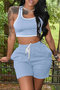 Light Blue Casual Sportswear Solid Vests U Neck Sleeveless Two Pieces
