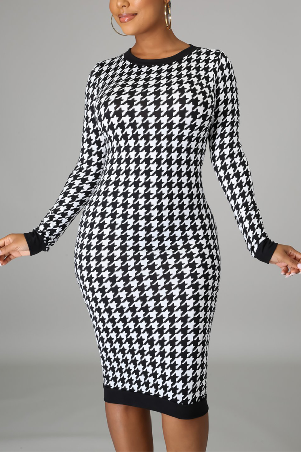Black White Casual Plaid Patchwork O Neck Wrapped Skirt Dresses