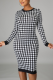 Black White Casual Plaid Patchwork O Neck Wrapped Skirt Dresses