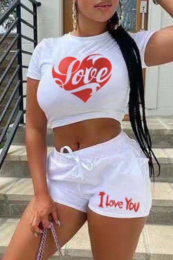 White Fashion Casual Print Basic O Neck Short Sleeve Two Pieces