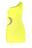 Yellow Fashion Sexy Solid Hollowed Out fur One Shoulder Sleeveless Dress