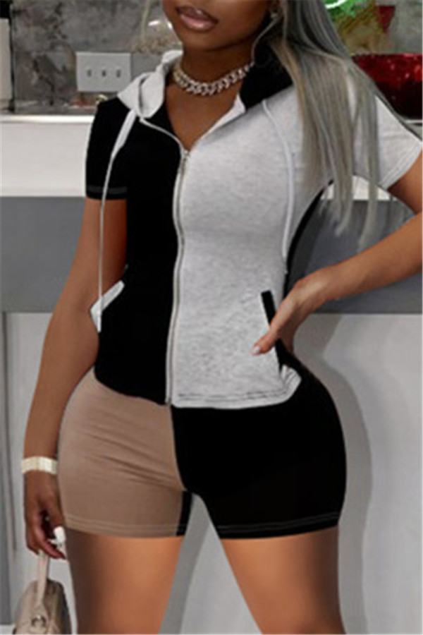Black Fashion Casual Patchwork Basic Zipper Collar Short Sleeve Two Pieces