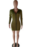 Army Green Polyester Sexy Cap Sleeve Long Sleeves Hooded Step Skirt Knee-Length chain Patchwork Solid