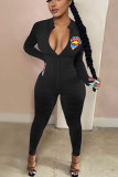 Black Sexy Print V Neck Skinny Jumpsuits