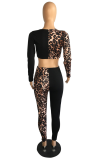 Black Sexy Leopard Patchwork V Neck Long Sleeve Two Pieces