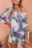 Blue Fashion Casual adult One word collar Patchwork Print Tie Dye Two Piece Suits Stitching Plus Size