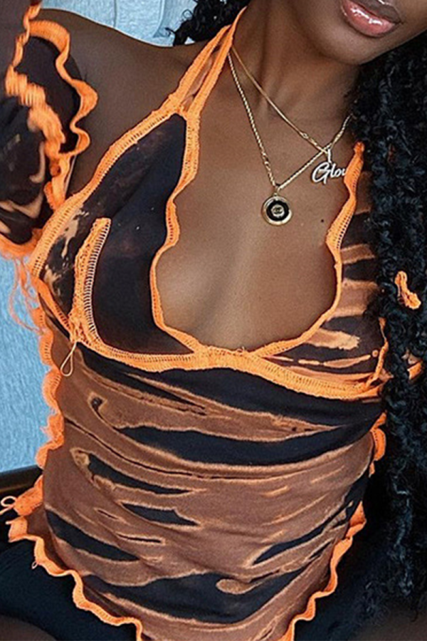 Coffee Sexy Print Bandage V Neck Tops