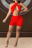 Red Sexy Solid Hollowed Out Backless Strap Design Halter Skinny Romper