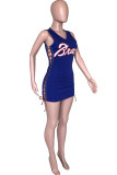 Dark Blue adult Sexy Fashion Ma'am Tank Sleeveless V Neck Pencil Dress Mini Character Print hollow o