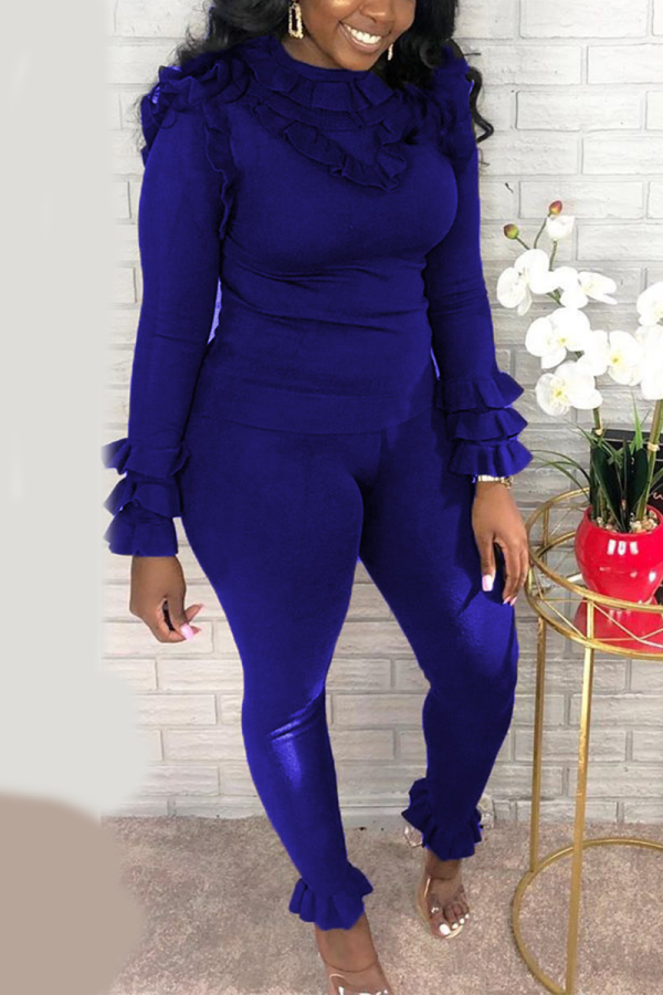 Blue Casual Solid Patchwork Long Sleeve Two Pieces