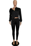 Black Fashion Patchwork Solid Asymmetrical V Neck Long Sleeve Two Pieces