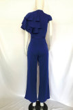 Blue Solid zipper Patchwork Polyester Short Sleeve O Neck Jumpsuits