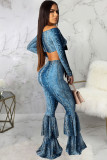 Blue Polyester Sexy Print Patchwork Two Piece Suits Boot Cut Long Sleeve Two-piece Pants Set