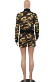 Camouflage venetian Street Camouflage Zippered Print Two Piece Suits Straight Long Sleeve Two-Piece Short Set
