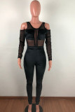Grey Sexy Mesh Patchwork Solid velvet Long Sleeve O Neck