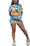 Blue Polyester Fashion Casual adult Ma'am Print Character Two Piece Suits Straight Short Sleeve Two Pieces