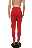 Red Polyester Elastic Fly Mid Solid bandage Patchwork pencil Pants Pants