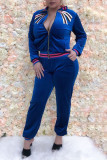Blue British Style Patchwork Embroidered Sequins Zipper Collar Long Sleeve Two Pieces