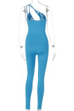 Blue Fashion Sexy Solid Hollowed Out Oblique Collar Skinny Jumpsuits