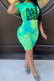Green Fashion Casual adult Ma'am Print Gradient Two Piece Suits pencil Short Sleeve Two Pieces