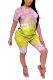 Multi-color Polyester Fashion Casual adult Patchwork Print Tie Dye Gradient Two Piece Suits pencil Short Sleeve Two Pieces