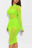 Fluorescent green Cap Sleeve Long Sleeves O neck Pencil Dress Knee-Length Patchwork Print Dresses