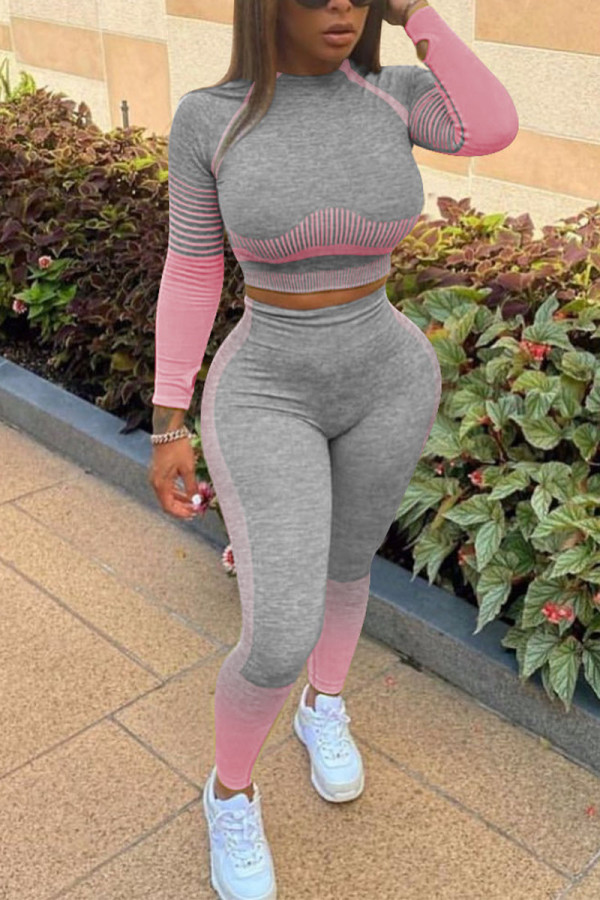 Pink Sportswear Striped Patchwork O Neck Long Sleeve Two Pieces