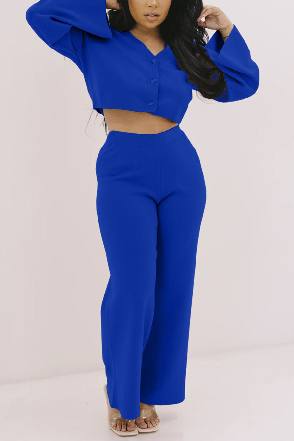 Blue Casual Solid O Neck Long Sleeve Two Pieces