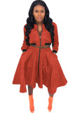 Dark green Casual Patchwork Zippered Solid Two Piece Suits A-line skirt Long Sleeve Two-Piece Dress