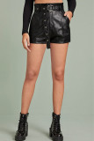 Black Fashion Casual Solid With Belt Regular Mid Waist Shorts