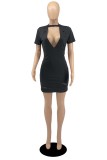 Red Fashion Sexy Solid Ripped Hollowed Out O Neck Short Sleeve Dress