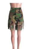 Camouflage Denim Button Fly Zipper Fly Mid Solid Patchwork Tassel Straight shorts