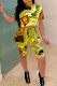 Yellow Fashion Casual adult Patchwork Print Two Piece Suits pencil Short Sleeve Two Pieces