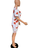 White Polyester Fashion Casual adult Patchwork Print Two Piece Suits Lips Print Straight Short Sleeve Two Pieces