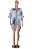 Pink Fashion Sexy Print Button Polyester Short Sleeve Rompers