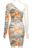 Yellow Street Print Hollowed Out Patchwork Oblique Collar Long Sleeve Mini Pencil Skirt Dresses