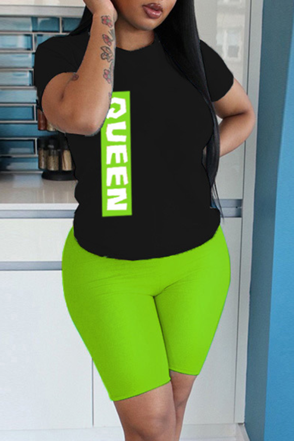 Green Casual Print Letter O Neck Short Sleeve Two Pieces