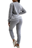 Grey Fashion Casual Adult Polyester Solid Split Joint O Neck Long Sleeve Regular Sleeve Regular Two Pieces