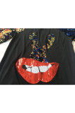 Black O Neck Long Sleeve Sequin Print Lips Print Patchwork Tees & T-shirts