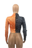Orange Turndown Collar Print Long Sleeve Outerwear