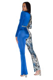 Blue Fashion Sexy bandage Patchwork serpentine Print Long Sleeve V Neck Jumpsuits