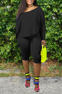 Black Polyester Active O Neck Print Solid Plus Size